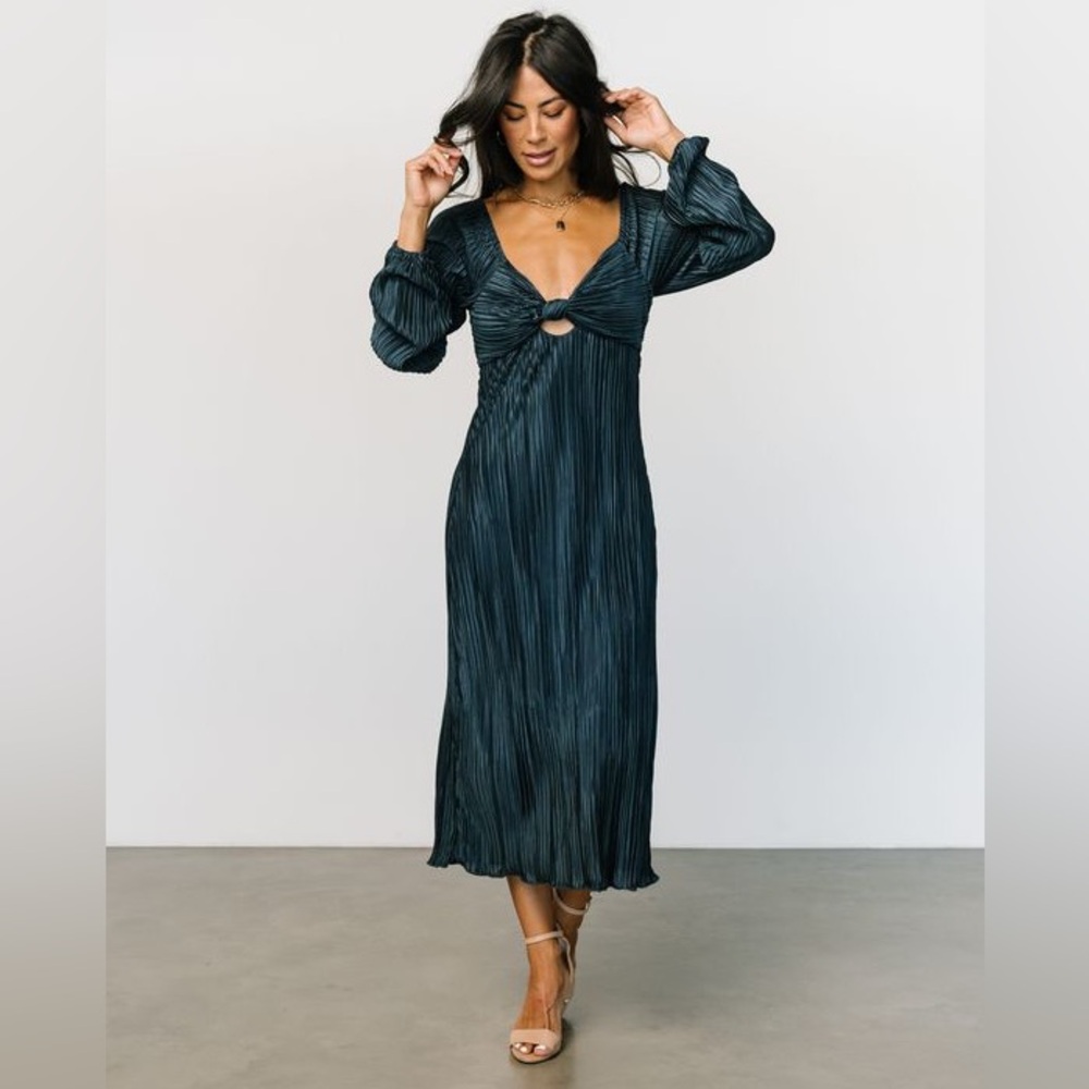Baltic Born Long Sleeve Pleated V-Neck Midi Dress in Deep Teal Large EUC